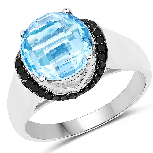 4.94 Carat Genuine Baby Swiss Blue Topaz and Black Diamond .925 Sterling Silver Ring on sale at MyriadMart