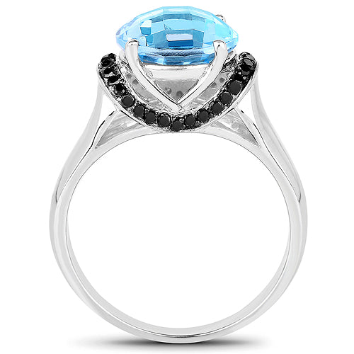 4.94 Carat Genuine Baby Swiss Blue Topaz and Black Diamond .925 Sterling Silver Ring on sale at MyriadMart