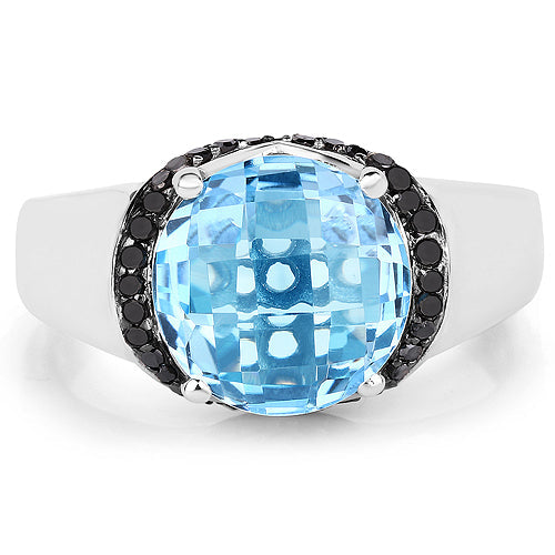 4.94 Carat Genuine Baby Swiss Blue Topaz and Black Diamond .925 Sterling Silver Ring on sale at MyriadMart