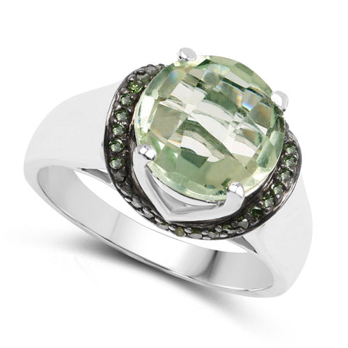 3.95 Carat Genuine Green Amethyst and Green Diamond .925 Sterling Silver Ring on sale at MyriadMart