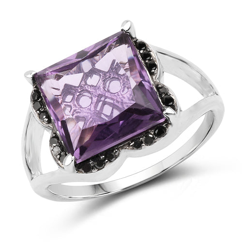 4.58 Carat Genuine Amethyst & Black Diamond .925 Sterling Silver Ring on sale at MyriadMart
