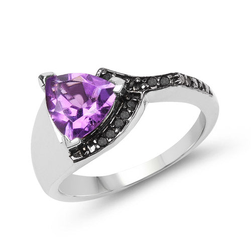 1.55 Carat Genuine Amethyst and Black Diamond .925 Sterling Silver Ring on sale at MyriadMart
