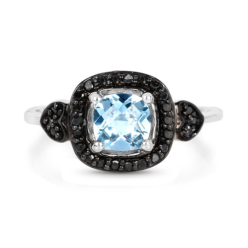 1.19 Carat Genuine Swiss Blue Topaz & Black Diamond .925 Sterling Silver Ring on sale at MyriadMart