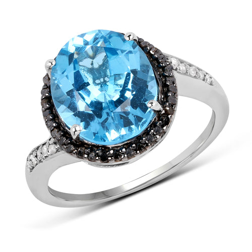 5.48 Carat Genuine Swiss Blue Topaz, Black Diamond and White Diamond .925 Sterling Silver Ring on sale at MyriadMart