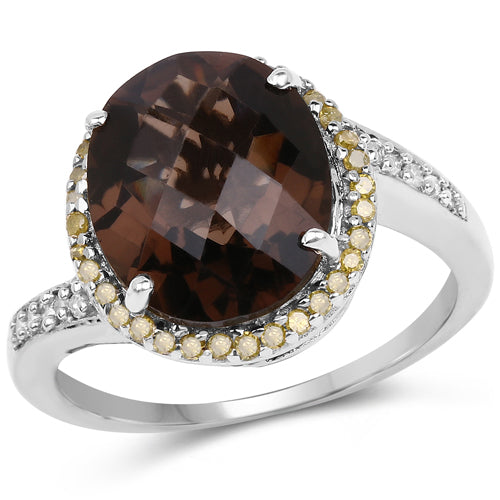 4.85 Carat Genuine Smoky Quartz, Yellow Diamond & White Diamond .925 Sterling Silver Ring on sale at MyriadMart