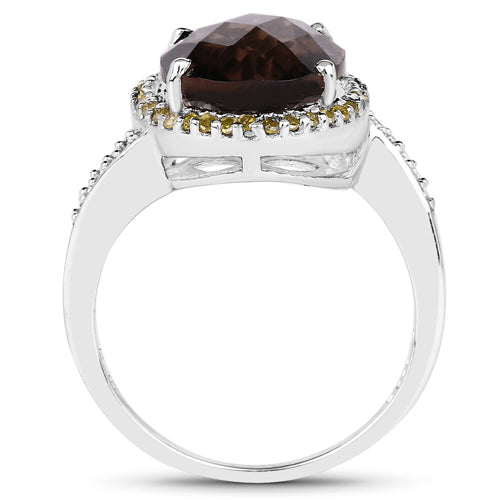 4.85 Carat Genuine Smoky Quartz, Yellow Diamond & White Diamond .925 Sterling Silver Ring on sale at MyriadMart