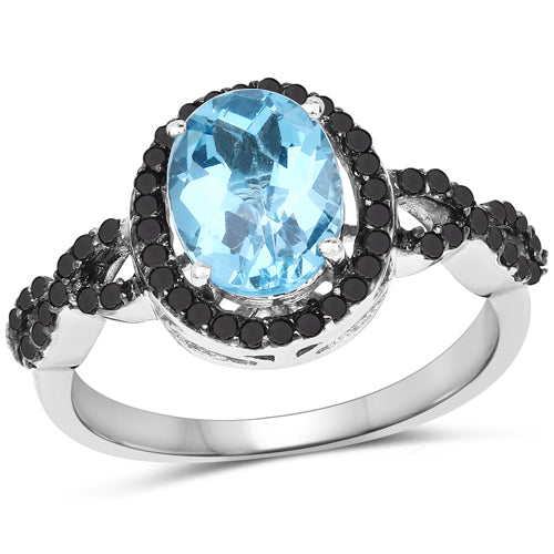2.92 Carat Genuine Blue Topaz, Black Diamond & White Diamond .925 Sterling Silver Ring on sale at MyriadMart