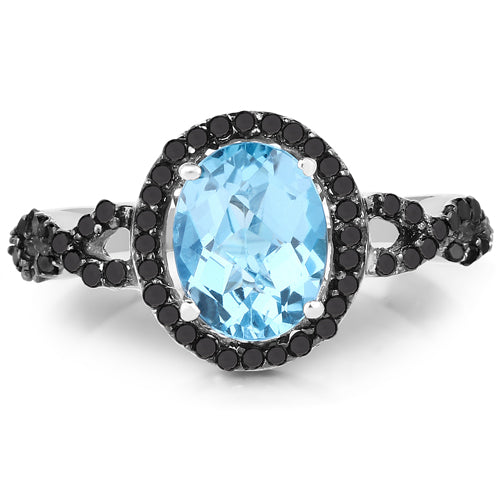 2.92 Carat Genuine Blue Topaz, Black Diamond & White Diamond .925 Sterling Silver Ring on sale at MyriadMart