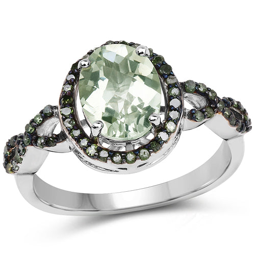 2.09 Carat Genuine Green Amethyst & Green Diamond .925 Sterling Silver Ring on sale at MyriadMart