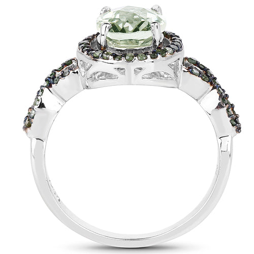 2.09 Carat Genuine Green Amethyst & Green Diamond .925 Sterling Silver Ring on sale at MyriadMart