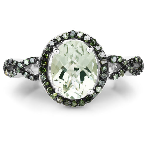 2.09 Carat Genuine Green Amethyst & Green Diamond .925 Sterling Silver Ring on sale at MyriadMart
