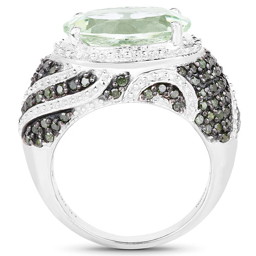 5.98 Carat Genuine Green Amethyst & Green Diamond .925 Sterling Silver Ring on sale at MyriadMart