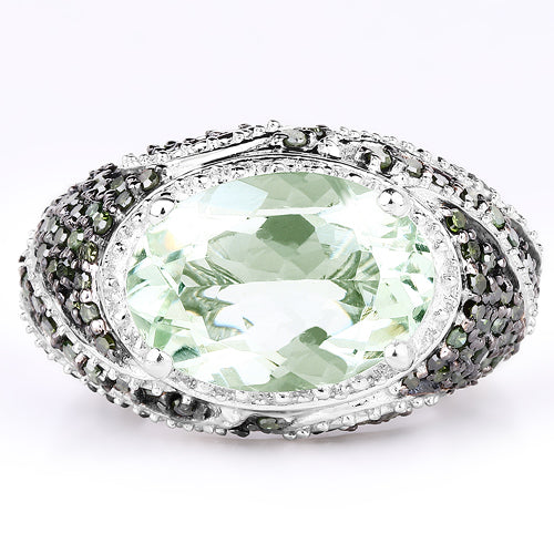 5.98 Carat Genuine Green Amethyst & Green Diamond .925 Sterling Silver Ring on sale at MyriadMart