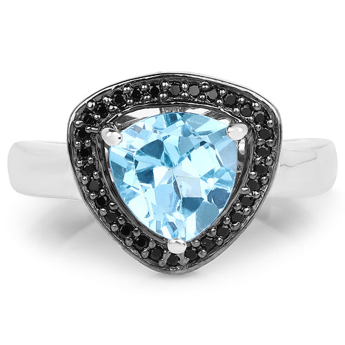 2.06 Carat Genuine Swiss Blue Topaz and Black Diamond .925 Sterling Silver Ring on sale at MyriadMart