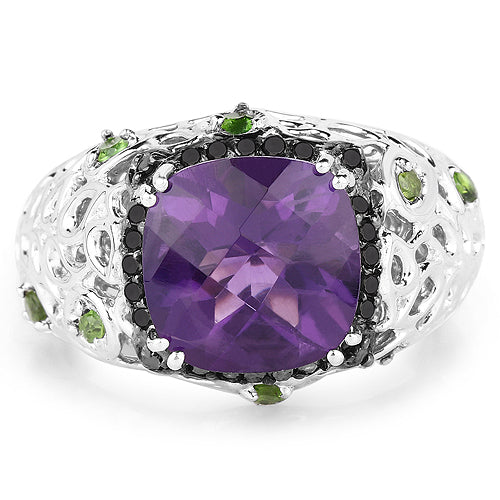 3.27 Carat Genuine Amethyst, Chrome Diopside & Black Diamond .925 Sterling Silver Ring on sale at MyriadMart