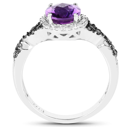1.64 Carat Genuine Amethyst, Black Diamond & White Diamond .925 Sterling Silver Ring on sale at MyriadMart