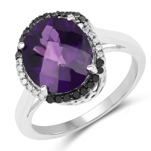 4.52 Carat Genuine Amethyst, Black Diamond & White Diamond .925 Sterling Silver Ring on sale at MyriadMart