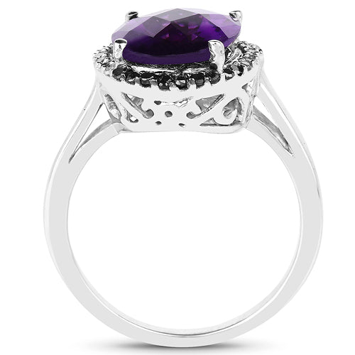 4.52 Carat Genuine Amethyst, Black Diamond & White Diamond .925 Sterling Silver Ring on sale at MyriadMart