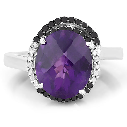 4.52 Carat Genuine Amethyst, Black Diamond & White Diamond .925 Sterling Silver Ring on sale at MyriadMart