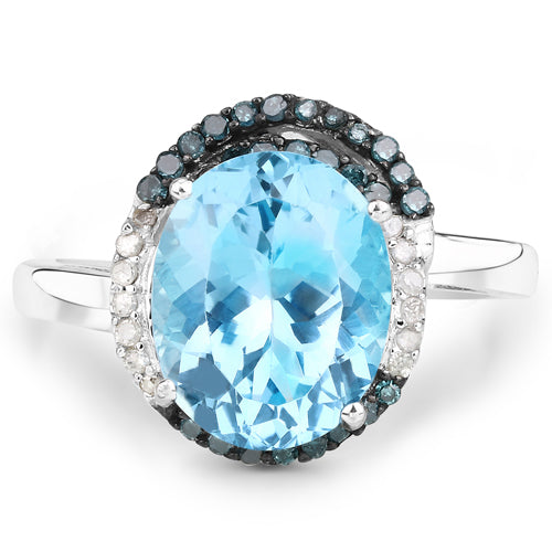 5.27 Carat Genuine Swiss Blue Topaz, Blue Diamond and White Diamond .925 Sterling Silver Ring on sale at MyriadMart
