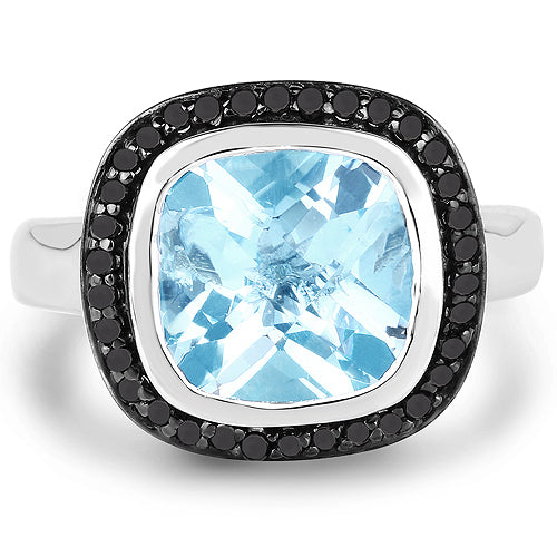 5.23 Carat Genuine Baby Swiss Blue Topaz and Black Diamond .925 Sterling Silver Ring on sale at MyriadMart