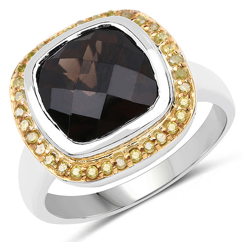 3.67 Carat Genuine Smoky Quartz and Yellow Diamond .925 Sterling Silver Ring on sale at MyriadMart