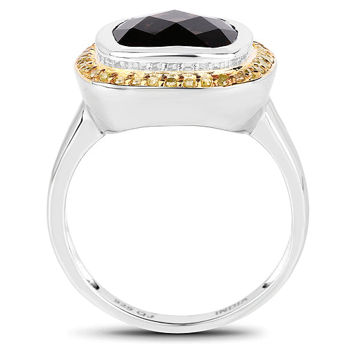 3.67 Carat Genuine Smoky Quartz and Yellow Diamond .925 Sterling Silver Ring on sale at MyriadMart