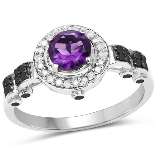 1.02 Carat Genuine Amethyst, Black Diamond & White Diamond .925 Sterling Silver Ring on sale at MyriadMart