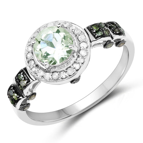 1.07 Carat Genuine Green Amethyst, Green Diamond and White Diamond .925 Sterling Silver Ring on sale at MyriadMart