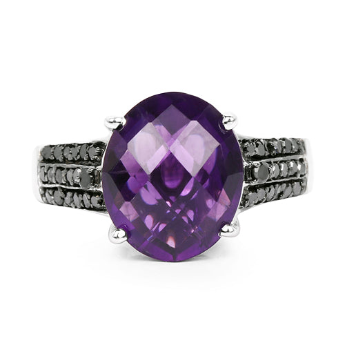 3.96 Carat Genuine Amethyst & Black Diamond .925 Sterling Silver Ring on sale at MyriadMart