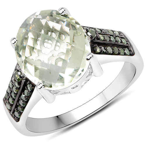 4.41 Carat Genuine Green Amethyst and Green Diamond .925 Sterling Silver Ring on sale at MyriadMart