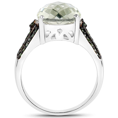 4.41 Carat Genuine Green Amethyst and Green Diamond .925 Sterling Silver Ring on sale at MyriadMart
