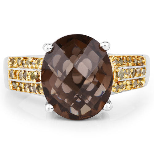 4.87 Carat Genuine Smoky Quartz and Yellow Diamond .925 Sterling Silver Ring on sale at MyriadMart
