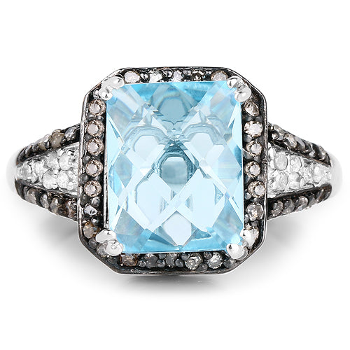 4.33 Carat Genuine Swiss Blue Topaz, Champagne Diamond & White Diamond .925 Sterling Silver Ring on sale at MyriadMart