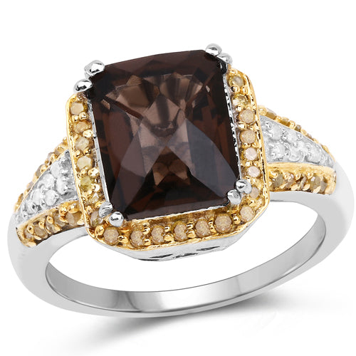 3.48 Carat Genuine Smoky Quartz, Yellow Diamond and White Diamond .925 Sterling Silver Ring on sale at MyriadMart