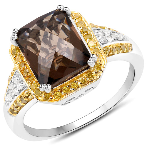 3.48 Carat Genuine Smoky Quartz, Yellow Diamond and White Diamond .925 Sterling Silver Ring on sale at MyriadMart