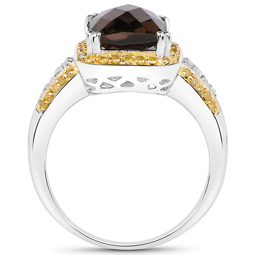 3.48 Carat Genuine Smoky Quartz, Yellow Diamond and White Diamond .925 Sterling Silver Ring on sale at MyriadMart