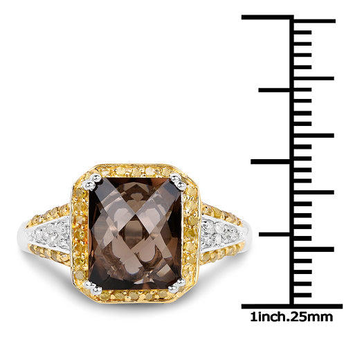 3.48 Carat Genuine Smoky Quartz, Yellow Diamond and White Diamond .925 Sterling Silver Ring on sale at MyriadMart
