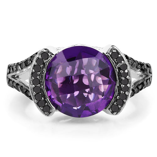3.24 Carat Genuine Amethyst & Black Diamond .925 Sterling Silver Ring on sale at MyriadMart