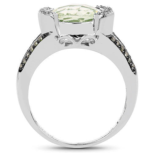3.59 Carat Genuine Green Amethyst, Green Diamond & White Diamond .925 Sterling Silver Ring on sale at MyriadMart