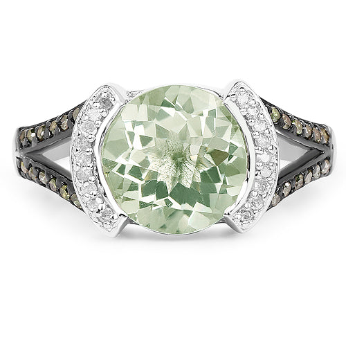 3.59 Carat Genuine Green Amethyst, Green Diamond & White Diamond .925 Sterling Silver Ring on sale at MyriadMart