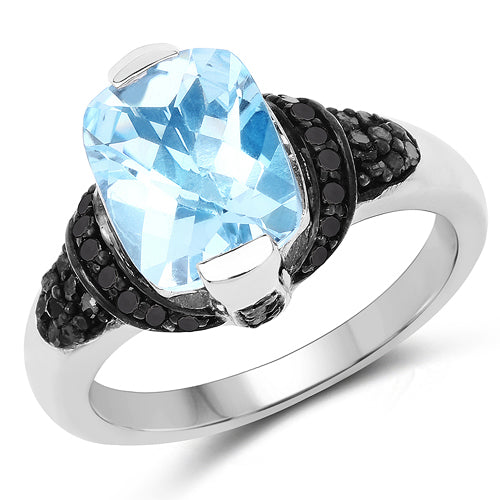 3.81 Carat Genuine Baby Swiss Blue Topaz, Black Diamond and White Diamond .925 Sterling Silver Ring on sale at MyriadMart