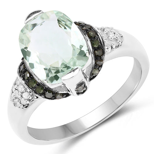 2.92 Carat Genuine Green Amethyst, Green Diamond & White Diamond .925 Sterling Silver Ring on sale at MyriadMart