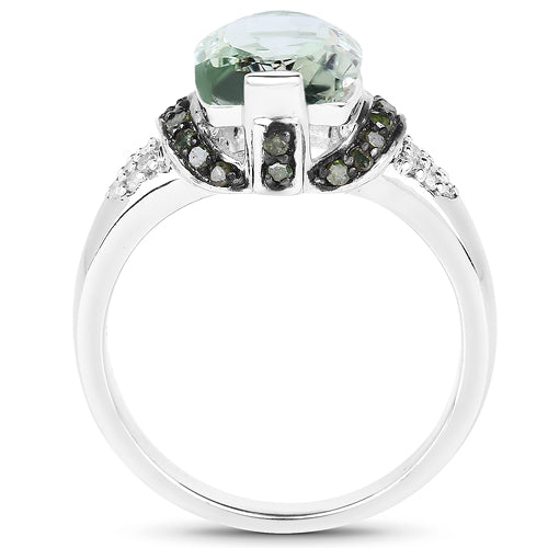 2.92 Carat Genuine Green Amethyst, Green Diamond & White Diamond .925 Sterling Silver Ring on sale at MyriadMart