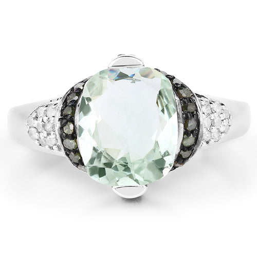 2.92 Carat Genuine Green Amethyst, Green Diamond & White Diamond .925 Sterling Silver Ring on sale at MyriadMart