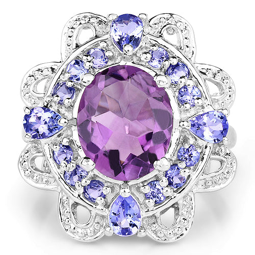 3.13 Carat Genuine Amethyst and Tanzanite .925 Sterling Silver Ring on sale at MyriadMart