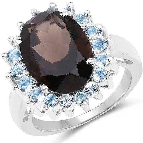 6.79 Carat Genuine Smoky Quartz & Blue Topaz .925 Sterling Silver Ring on sale at MyriadMart