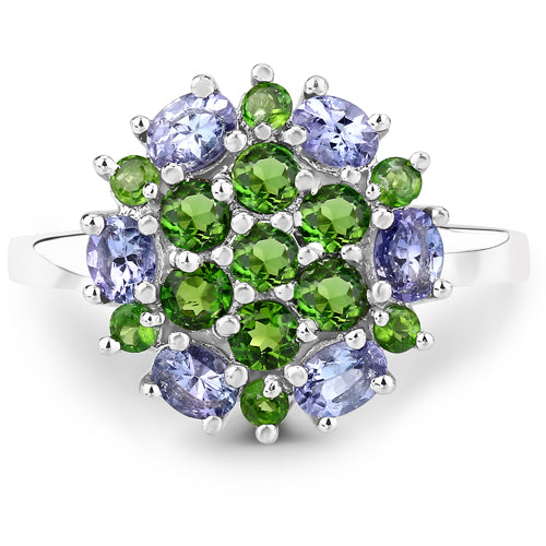 2.03 Carat Genuine Tanzanite and Chrome Diopside .925 Sterling Silver Ring on sale at MyriadMart