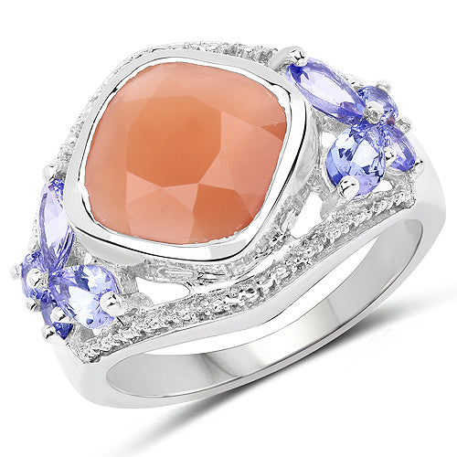 4.67 Carat Genuine Peach Moonstone and Tanzanite .925 Sterling Silver Ring on sale at MyriadMart
