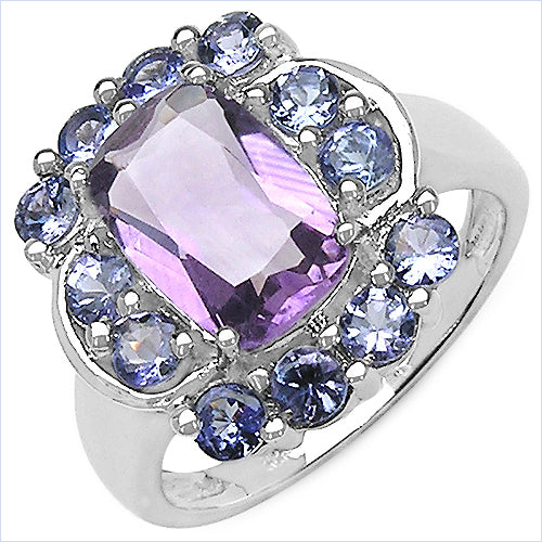 3.30 Carat Genuine Amethyst and Tanzanite .925 Sterling Silver Ring on sale at MyriadMart